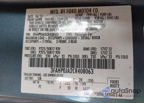 2012 Ford Fusion Sel из США, поврежденный, VIN 3FAHP0JA2CR408063